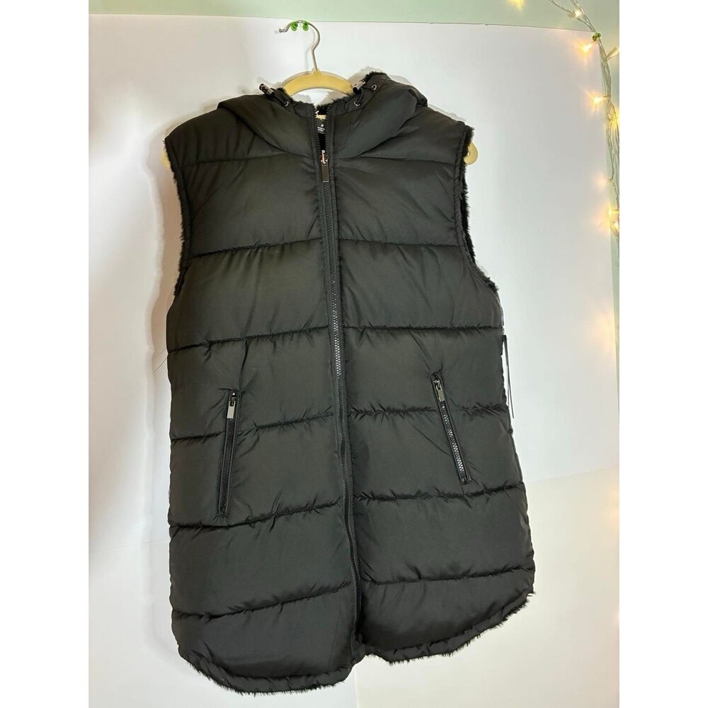 Sebby Black Puffer Vest Women’s XL Hooded Quilted Reversible, NWT